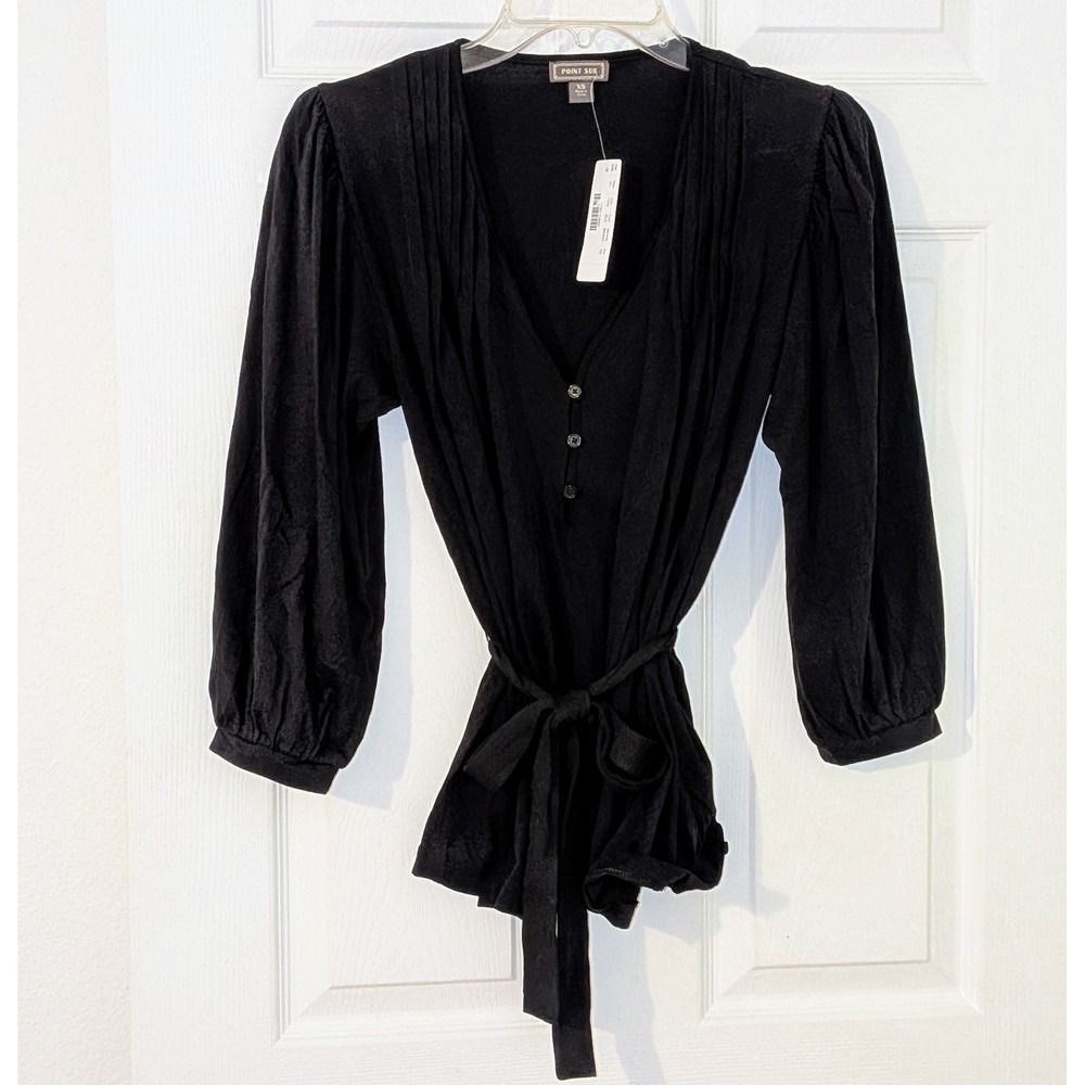 Point Sur Black V Neck‎ Button Front Tie Waist Long Sleeve Blouse XS NWT $98